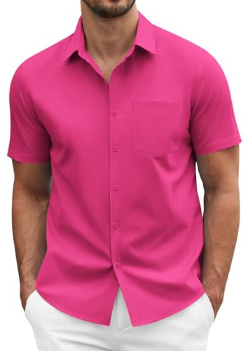 COOFANDY Men Dress Shirt Summer Evening Regular Fit Polyester Stretchy Button Down Shirts with Chest Pocket Bright Pink Rose Red Hot Pink XXXXL 4XL