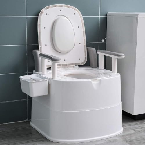 Tragbare Toilette für Schlafzimmer, Krankenhaus, Camping – komfortable mobile Toilette mit Armlehnen und Taschentuchbox für ältere oder schwangere Frauen (grau)