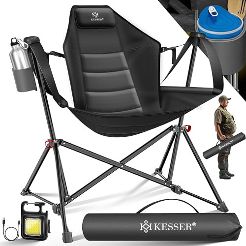KESSER® Silla de Camping hasta 160 kg, Silla de Pesca, con Reposabrazos, Luz de Camping+Portabebidas+Bolsa, con Respaldo Alto, con Función Balancín, Acolchada, Plegable, Antracita/Negro