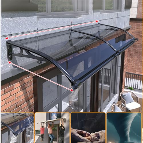 Türdach Eingangstür Schwarzer Aluminiumbügel Überdachung Pultbogenvordach Pavillion Selbstreinigend bei Regen UV-Beständiger Regenschutz Beständiger Markise Polycarbonat Grau (80 x 260cm)