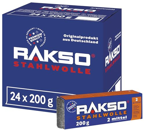 RAKSO Stahlwolle mittel 2-4,8 kg, 24 Banderolen à 200g, alte Wachs-, Politurreste abtragen, Wachs auftragen, reinigt metallene Gussformen