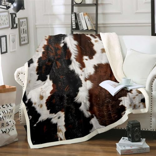 Homewish Manta con estampado de vaca Highland para cama, manta de forro polar marrón y blanco, manta de sherpa de vaca lechera, manta mullida de piel sintética de animales de granja