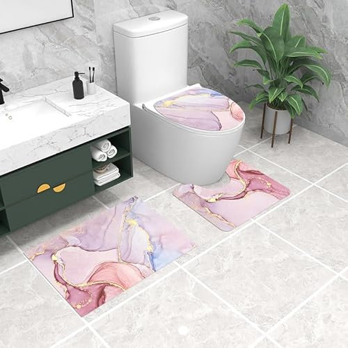 Bad Teppiche Set 3-Teiliges Rosa Blauer Marmor WC Vorleger Mit Ausschnitt Badematte Saugfähig WC Deckelbezug Badvorleger rutschfest Waschbar Toilettensitzbezug Badgarnitur (50x80cm)