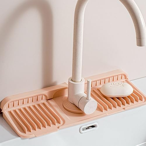 Odot Wasserhahn Spritzschutz Küche Abtropftablett Matte Wasserhahnmatte für Küchenspüle Nordisch Wasserhahn Matte Schnell Trocknende Wasserhahn Spritzschutz für Küche Bad Spülbecken (Rosa,45x14cm)