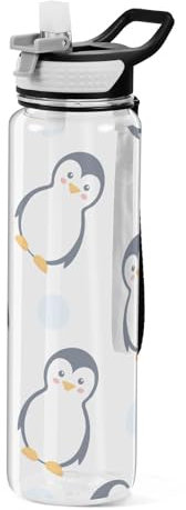 Mnsruu Transparente Sport-Wasserflasche mit Strohhalm, auslaufsichere Trinkflasche, Pinguine, nahtloses Muster, Fahrradflaschen für Sport, Büro, Schule, BPA-freier Tritan-Kunststoff, 1 Liter