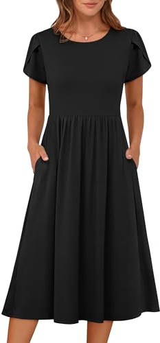 ANRABESS Women's Summer Short Sleeve A-Line Midi Dresses Casual Floral T-Shirt Dresses Flowy Beach Sundress with Pockets Black Large