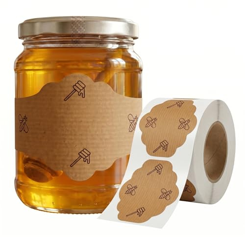 100 Kraft Stickers for Honey Canisters, 9 x 6 cm, with Bees Drawings
