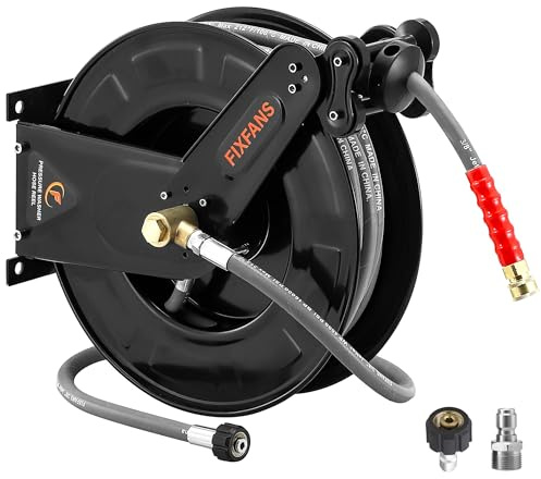 FIXFANS Pressure Washer Hose Reel with Hose for Hot and Cold Water, 3/8 X 50 FT Steel Auto-Retractable High Power Wash Hose Reel, Heavy Duty Hose Reel - Wire Braided Hose 4000 PSI, Black