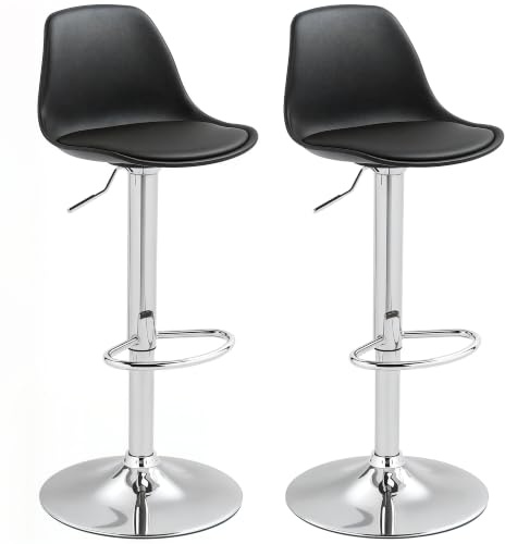 HOMCOM Barhocker 2er Set Gepolstert Höhenverstellbar mit Lehne Schwarz | Stahlgestell, Kunstleder, Fußstütze, 360° Drehbar, Barstuhl, Küchenstühle, Tresenhocker, für Küche, Wohnzimmer, Esszimmer