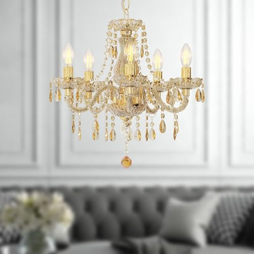 bmf-versand® Hängelampe aus Metall goldfarben mit Kristalle inkl. Pflegetuch - Kronleuchter Luster Acrylkristalle 5-flammig für Wohnbereich und Essbereich – Pendelleuchte 5x E14 Fassung 40 Watt