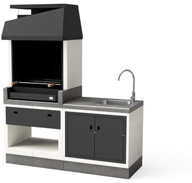 TUOZI - PACK 34 KITAWAY – Outdoor Kitchen Kitaway con Barbacoa OTTE (68,5 x 42 cm) y Módulo de Fregadero con Grifo de Acero Inoxidable (168 x 63 x 206 cm) para Carbón y Leña