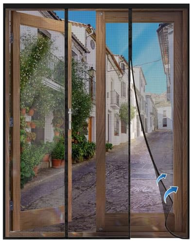 Insektenschutz Doppeltür Fliegengitter Tür mit Selbstklebend Fliegengittertür Selbstbausatz Insektenschutztür für Balkon Terrasse, 180x255cm Schwarz