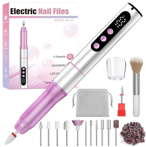 Oukzon Cordless Electric Nail Drill - 13 in 1 Nail File Kit 35000RPM, Professional Nail Drill Machine with LED Display, Dust Cover & 5 Speeds, Rechargeable Manicure Pedicure for Acrylic & Gel Removal