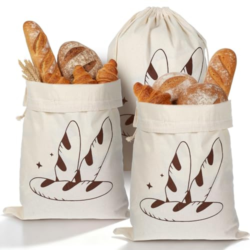 LIQWEI 3 Stück Brotbeutel Leinen, 30 x 40 cm Brottasche Mit Kordelzug Brotbeutel Aufbewahrung Frischhalten Wiederverwendbar Brottasche Aufbewahrung Für Brot Obst und Gemüse