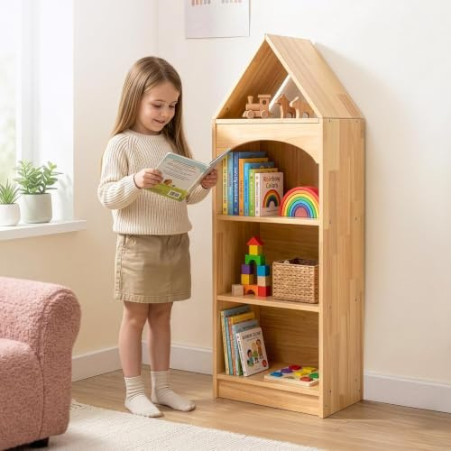 OOOK Gummiholz Kinder Bücherregal, Spielzeugaufbewahrung mit 4 Etagen | Spielzeugregal 40×30×118 cm, Kinderregal Kombinierbar mit OOOK-Regalen, Eckregal für Kinderzimmer Klassenzimmer Kindergarten