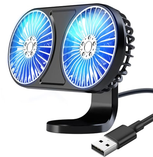 HUAJUN Bilfläkt, USB dubbel bilfläkt, 360° svängbar bas, 3 hastigheter justerbar, multifunktionell luftutgång och instrumentbräda, för fordon, husbil, suv