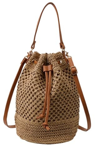 EDLMKM Straw Bag, Straw Beach Bag, Straw Bucket Bag for Women, Straw Bag for Women, Straw Crossbody Bag, Hand-Woven Raffia Beach Bag, Adjustable Strap, For Summer Beach Travel Clutch Handbag