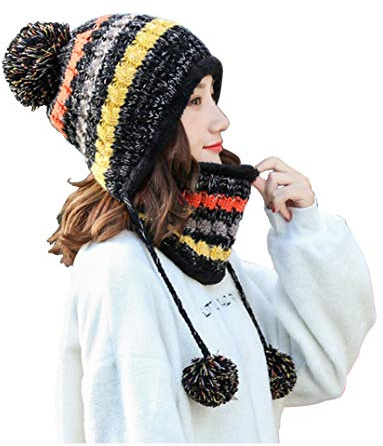 Bommelmütze und Loopschal Set für Damen Mädchen Warm Strickmütze Innen Dicker Flaum Winter Warm Damen Bommelmütze Loop Schal Set