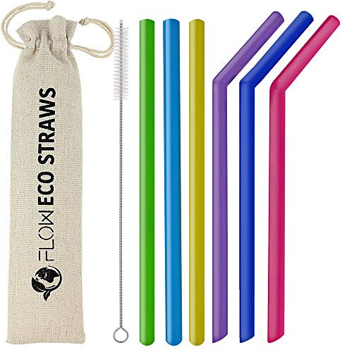 FLOW Barware Silicone Straws | Reusable Drinking Straws with Cleaning Brush & Storage Bag | Wide Smoothie Straw for Juices, Shakes & Cocktails | Flexible Multi-Coloured Set of 6 (Ages 3+)