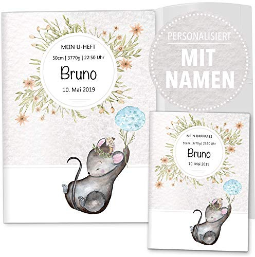 OLGS U-Heft Hüllen 3-teilig Set | Baby Tiere | Hochwertige Hüllen für Kinder Untersuchungsheft & Impfpass | Geschenkidee personalisierbar mit Namen, Geburtsdatum (Uhefthülle Set personalisiert, Maus)