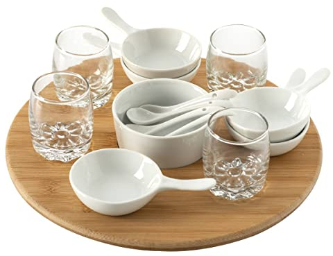 Secret de gourmet - Set Apéritif 14 pièces : 1 Plateau Rotatif en Bambou, 4 Verrines, 5 Coupelles et 4 Cuillères