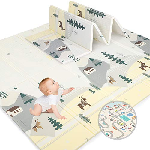 Baby Play Mat | Foldable Portable Reversible Crawling Mat for Baby | Waterproof, Non-Slip on Both Side, Foam Playmat for Floor | Non-Toxic Large Soft Thick XPE, (Car Maze/Cabin, 200 * 180 * 1 cm)