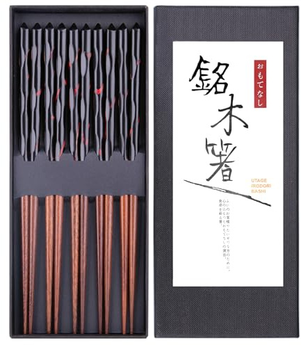 HAUTOCO 5 Paar Chopsticks EssstäBchen aus Holz Wiederverwendbare Natürliche Japanische EssstäBchen, spülmaschinenfest, Sushi Stäbchen, Handgeschnitztes Essstäbchen-Geschenkset, 22,5 cm