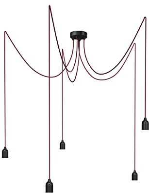 Relight Pendelleuchte 5-flammig Kraken (höhenverstellbar), E27 Lampenfassungen aus Bakelit, 5x 1.5 Meter Textilkabel Bordeaux