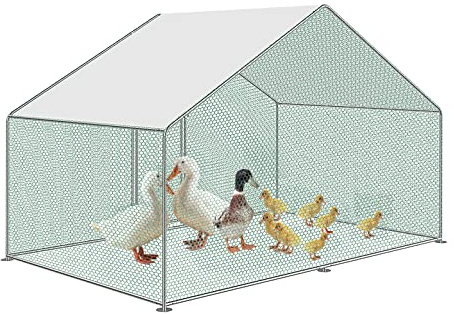 UISEBRT Hönshus, utomhusinhägnad, fjäderfähus, burar, smådjurshus, galvaniserad stålram med PE-tak för fjäderfä, kaniner, små husdjur (3 x 2 x 2 m)