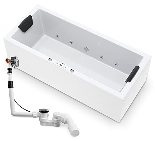 AQUADE Whirlpool Badewanne Wolfsburg Classic 180x80 cm mit LED Whirlpool Beleuchtung, Badewannen Ablaufgarnitur und Überlaufgarnitur mit Zulauf & Badekissen für Badewanne Whirlpool