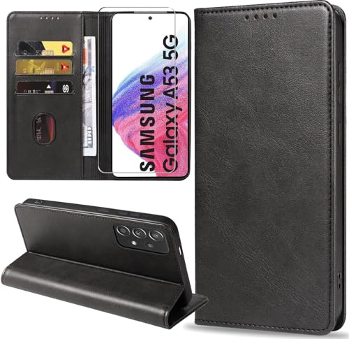 ZYIMOU Handyhülle für Samsung Galaxy A53 5G Hülle mit Schutzfolie, Leder Schutzhülle Standfunktion Kartenfach Wallet Klapphülle Samsung A53 5G Flip Case Cover, Schwarz