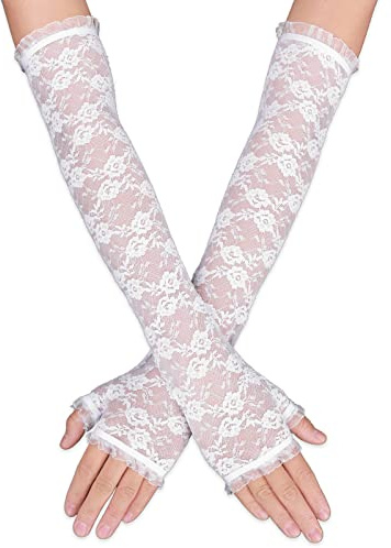 Yolev Women's Long Lace Fingerless Elbow Length Floral Gloves for Wedding, Opera, Tea Party (White)