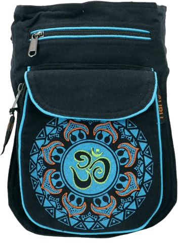 GURU SHOP Stoff Sidebag & Gürteltasche Aum Mandala, Goa Gürteltasche, Bauchtasche - Schwarz/türkis, Unisex - Erwachsene, 25x17x4 cm