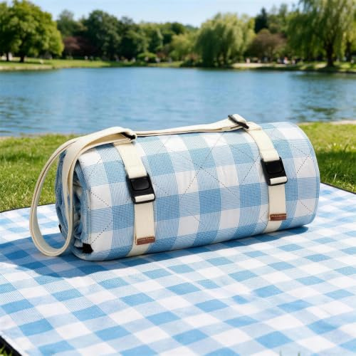 WILLOW WEAVE Stor picknickfilt vattentät, utomhusfilt – blå | Picknickmatta, tvättbar, gräsmatta, parkfilt, extra stora picknickfiltar, vattentät, vikbar med axelrem