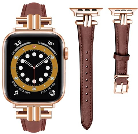 Hstrap for Apple Watch Bands for Women 42mm 44mm 45mm 49mm I-Shape Leather Apple Watch Band Women RoseGold Metal Buckle for iWatch Ultra2/Ultra SE Series 9 8 7 6 5 4 3 2 1 Chestnut