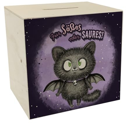 Schwarze Fledermaus-Katze Spardose aus Holz mit Spruch Für Süßes oder Saures EIN niedliches Sparschwein für Halloween Fans Katze im Fledermaus Kostüm Flauschig Sparbüchse Teenager