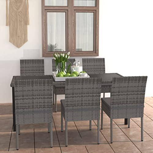 FENLAX 7-TLG. Garten-Essgruppe Poly Rattan Grau Sitzlounge für Draußen Terassenmöbelset Sitzgruppe Outdoor Möbel Balkonmöbel Bequem Dining Lounge Rattanmöbel Gartenmöbel Set （Tisch:180x70x73 cm）