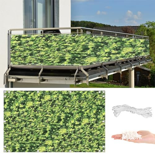 AYLFBFU Sichtschutz Balkon 75x850cm, 165 g/m² Blockade UV Schutz Windschutz, mit Ösen Kabelbinder und Kordel - Balkonverkleidung für Balkon Geländer, Terrasse & Garten, Grünes Blattmuster