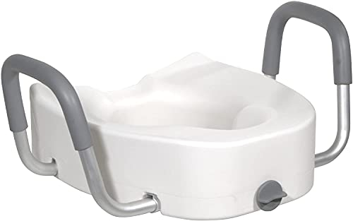 CRBUDY Robuster Duschstuhl mit Rückenlehne und Armlehnen, Toilettensitzerhöhung aus hochwertigem Kunststoff mit Feststellfunktion und gepolsterten Armlehnen, verlängert für Senioren, Behi