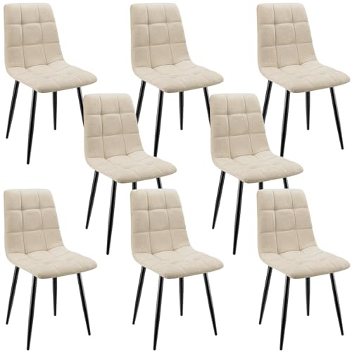 ANVOFONG Leinenstoff Esszimmerstühle 8er Set,Beige | Karomuster,Esszimmerstuhl mit verstärkten Stuhlbeinen,Küchenstuhl Polsterstühle,Stuhl für Esszimmer,Küche & Wohnzimmer