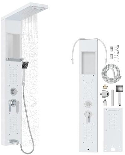SUBTLETY Edelstahl Duschpaneel 5 in 1 Duschsäule inkl. Regenduschekopf Wasserfalldusche Massagedüsen Handbrause & Wanneneinlauf Regendusche mit Armatur Duscharmatur Komplettset für Bad (Weiß)