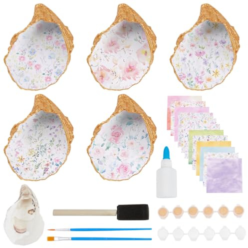 WEBEEDY 5 Sets Colorful Flowers Oyster Shell Ring Dish Kit DIY Summer Seashell Jewelry Display Plate DIY Aesthetic Jewelry Holder Decorative Tray Shell Dish for Coastal Home Decor, Bathroom Decor Gift