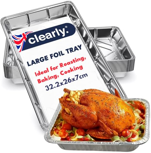 Clearly 10 Roasting Foil Trays for Baking, 32.2cm x 26cm x 7cm BBQ Containers, Baking, Storing Tray Grilling & Food Storage Freezer, Microwave & Oven Safe