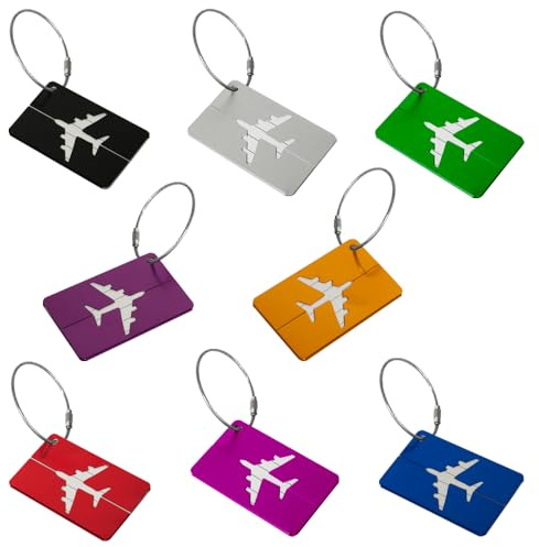 8 etichette per bagagli (blu + nero + verde + rosso + viola + rosa + oro + argento), etichette per bagagli in alluminio – colori vivaci per valigie, borse da viaggio, bagagli registrati e zaini