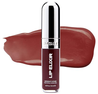 Sacheu Lip Elixir Nourishing and Hydrating Lipgloss — Moisturizing Plumping Lip Gloss Enriched with Collagen, Non-Sticky Lip Color Smooth High-Shine Finish, Vegan & Cruelty-Free, Midnight Lychee