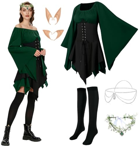 LGZIN Vestido Tradicional Irlandés para Mujer, Vestido Medieval para Mujer con Orejas de Elfo, Adorno de Pelo, Calcetines Overknee, Disfraz de Elfo Renacentista para Halloween y Carnaval (L)
