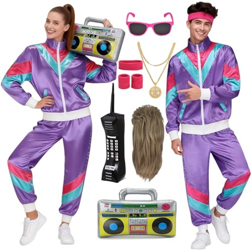Mrsclaus 80er Jahre Outfit Herren Damen 90er Jahre Jogginganzug Disco Retro Trainingsanzug Herren Kostüm Erwachsene Karneval Fasnacht Gruppen Partnerkostüme Set