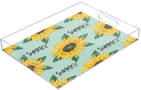Plateaux de service en acrylique motif tournesol d'été, plateau rectangulaire transparent avec poignées, plateau de service pour table basse, cuisine, salle de bain