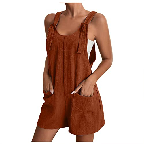 EMATOP Overall Damen Sommer Kurz Jumpsuit Baumwolle Leinen Latzhosen Ärmellos Lässiger Trägerhose Elegant Leicht Einteiler Shorts Einfarbig Mode Arbeitshose mit Taschen Playsuit Sport Romper