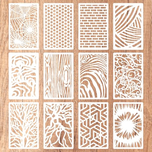 12st Återanvändbara Schabloner för Hantverk, 28x18cm Blandade Media Texturstencil för Målning på Trä Vägg Tegel Träd Lagerkonstmallar för Sprayfärg DIY-Kort Hantverk